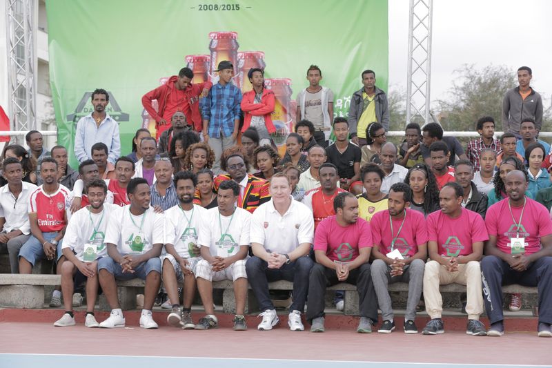 Contestants gathered on the pitch during the Dashen Beer Football Challenge television series in Ethiopia