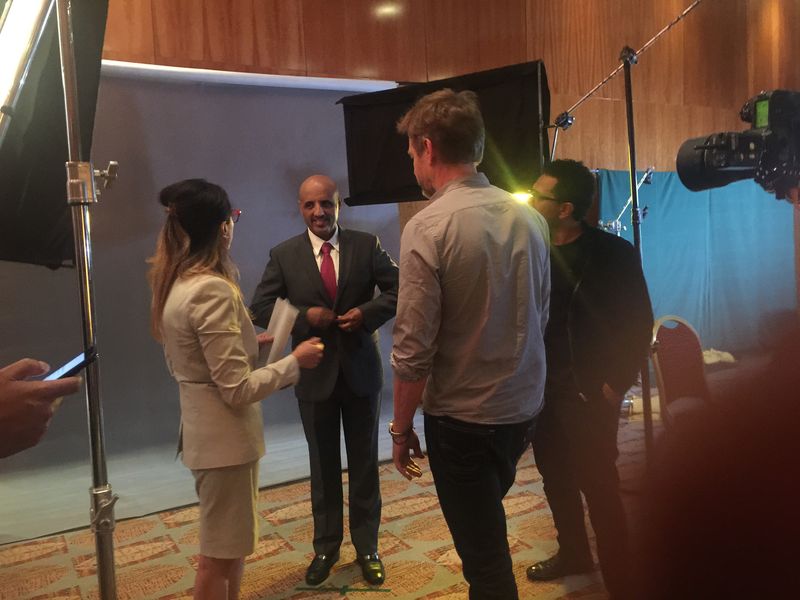 Crew preparing an executive interview setup for the Bombardier corporate film in Ethiopia