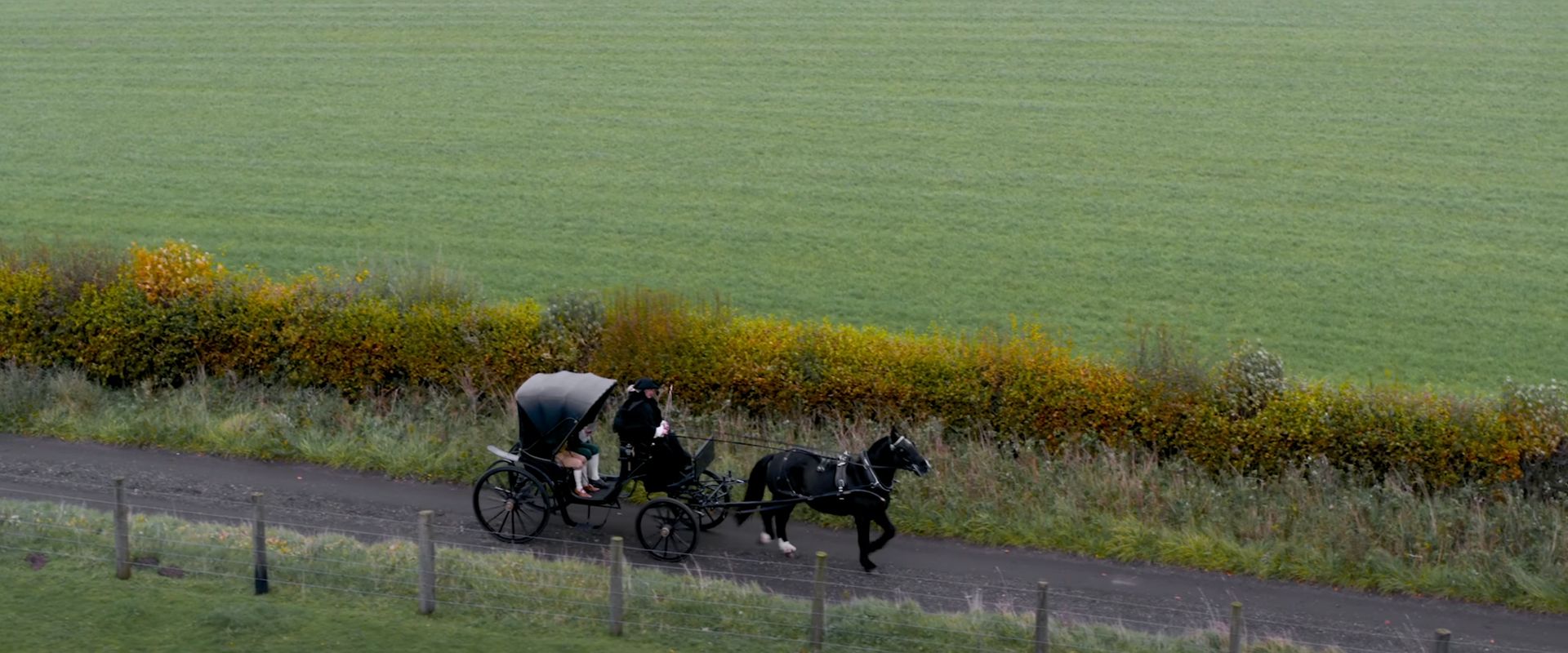 A horse cart travels a rural road through green Ethiopian farmland