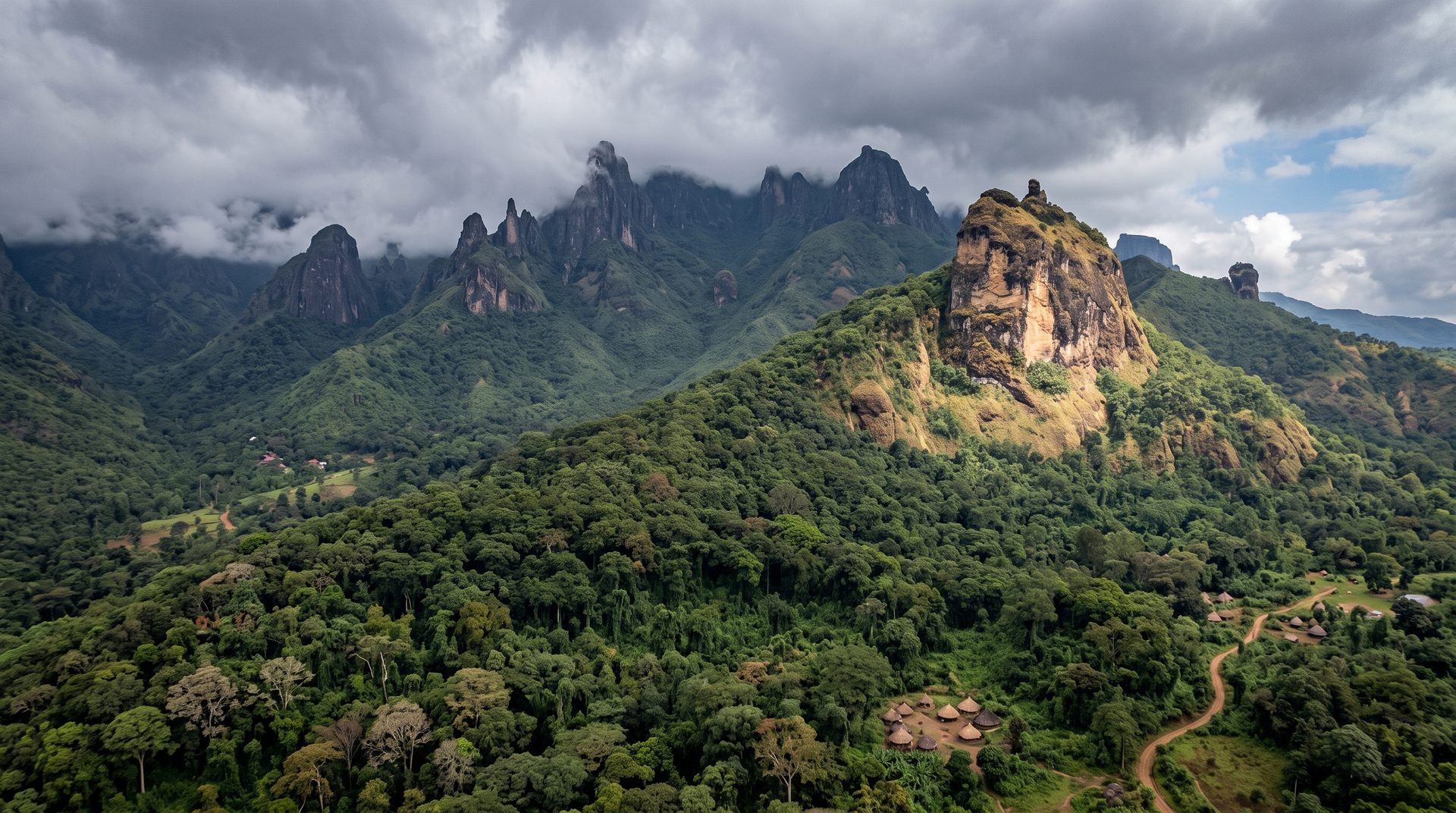 Forested peaks and rock spires under heavy cloud above the Harenna escarpment in the Bale Mountains, Oromia