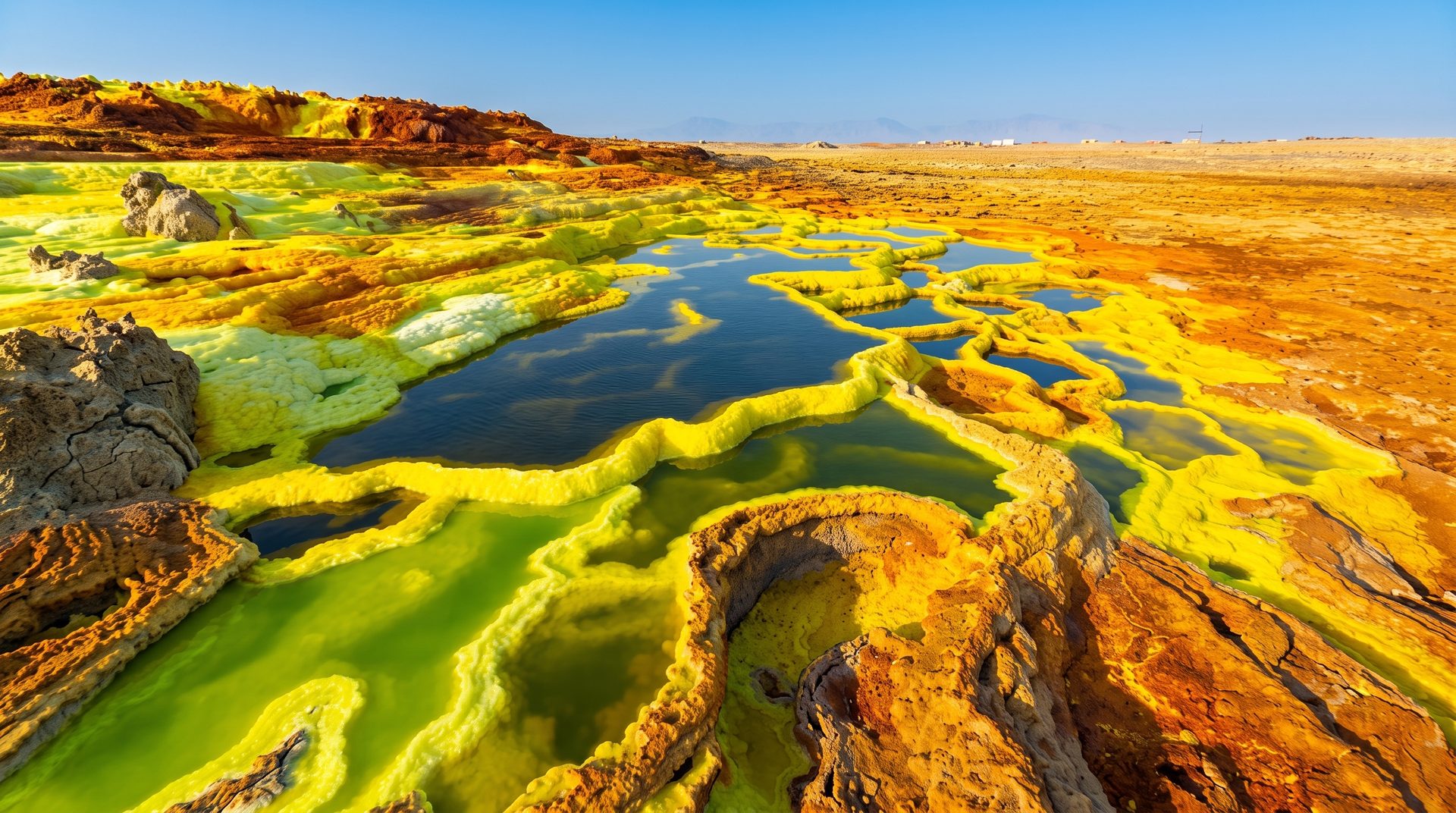 Acid-yellow sulphur and potash terraces around turquoise brine pools at Dallol in the Danakil Depression, Afar