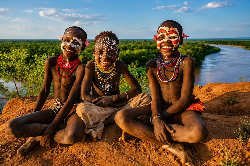 Three young people of the Omo Valley in traditional body paint and beadwork, seated above a bend in the Omo River