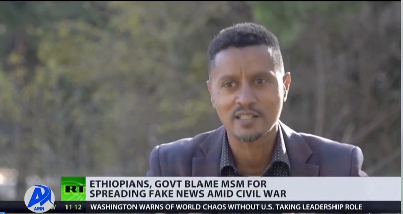 Interview subject on camera during RT news coverage produced with fixing support in Ethiopia