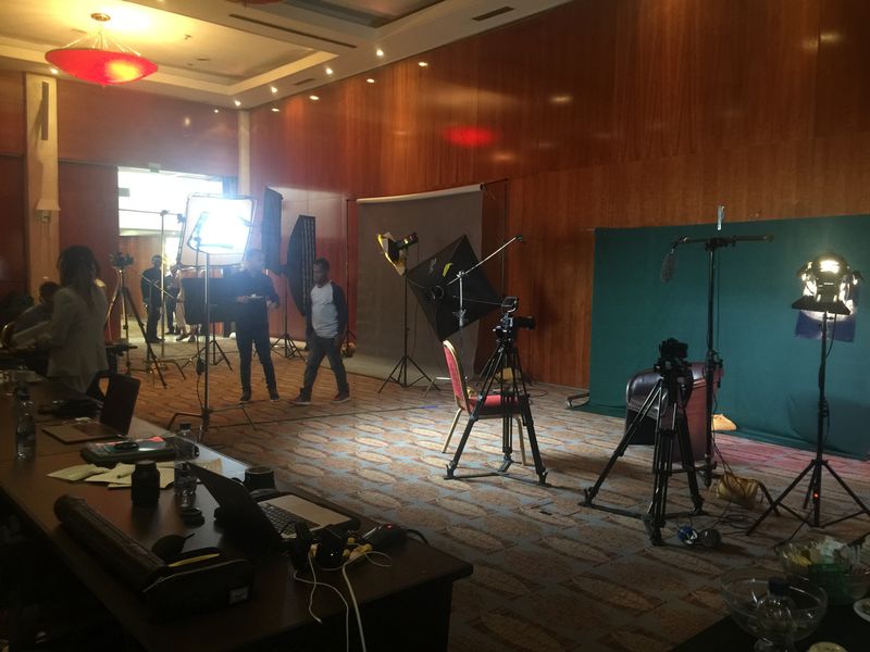 Studio lighting and monitor setup prepared by the Film Ethiopia crew for an interview shoot