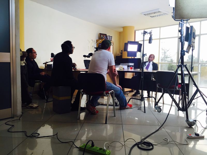 Interview room lighting setup for the UD Trucks commercial shoot in Addis Ababa