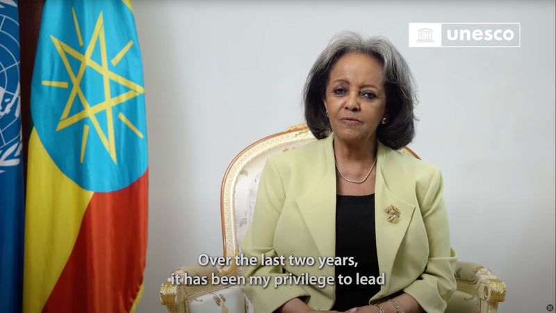 Ethiopian President Sahle-Work Zewde interviewed beside the national flag for the UNESCO Futures of Education film
