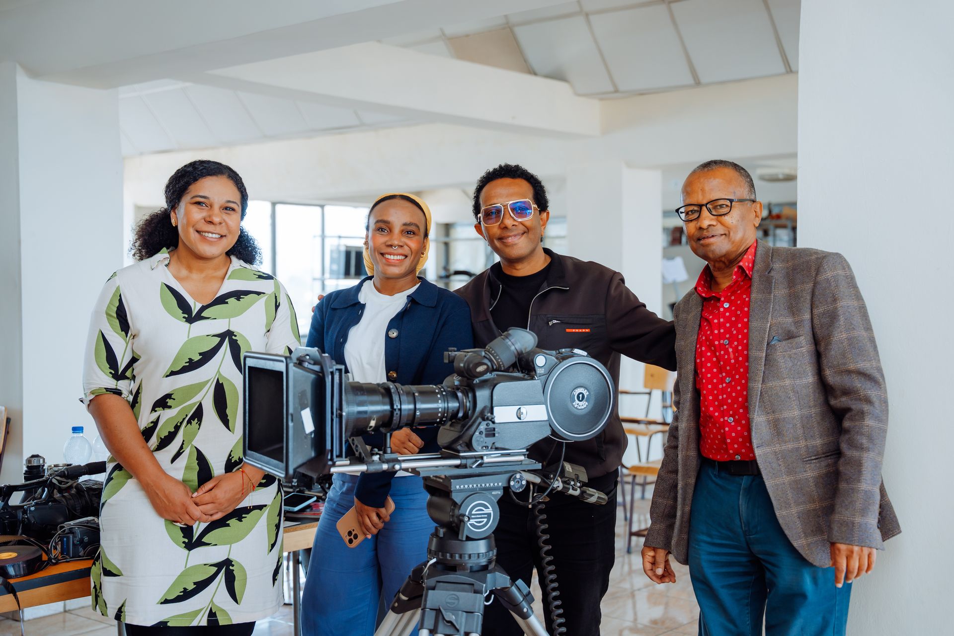 Ethiopian film professionals with a fully rigged cinema camera at a filmmaking workshop